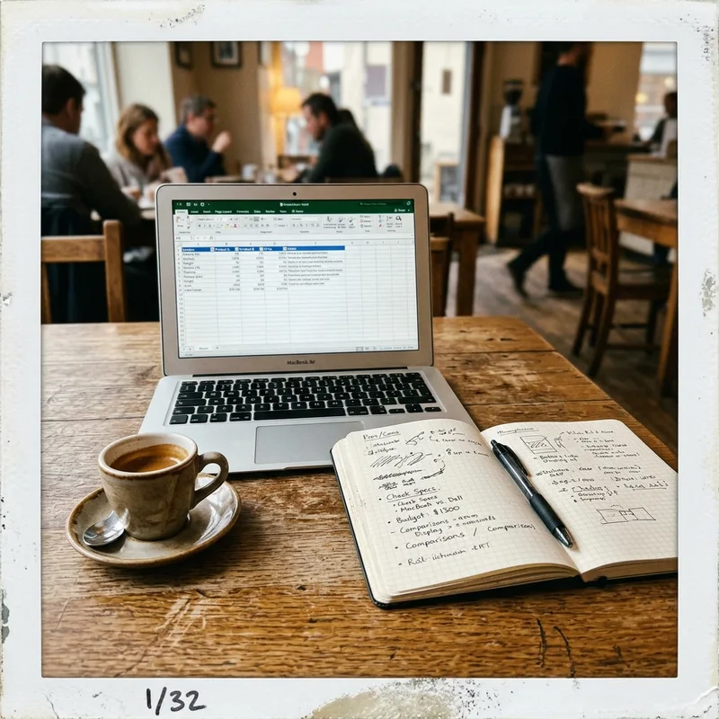 Laptop showing a plan comparison spreadsheet on a table with an espresso and a notebook