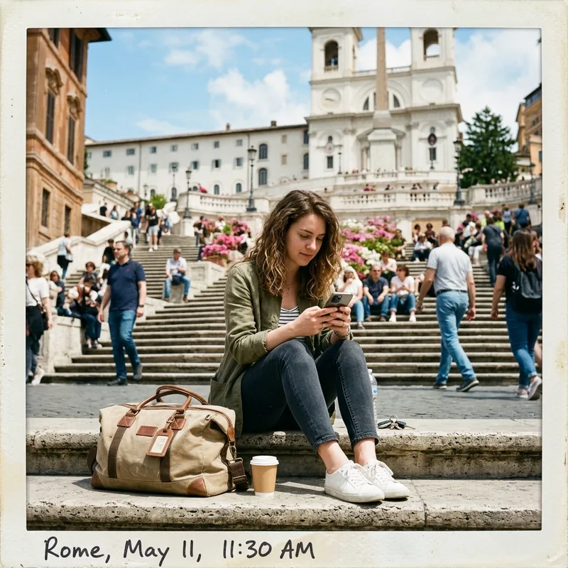 Traveler with a weekend bag checking a phone on the Spanish Steps in Rome