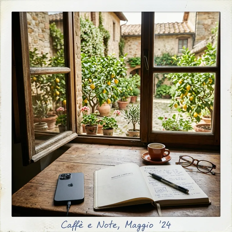 Phone and notebook on a wooden desk beside a window looking onto an Italian courtyard
