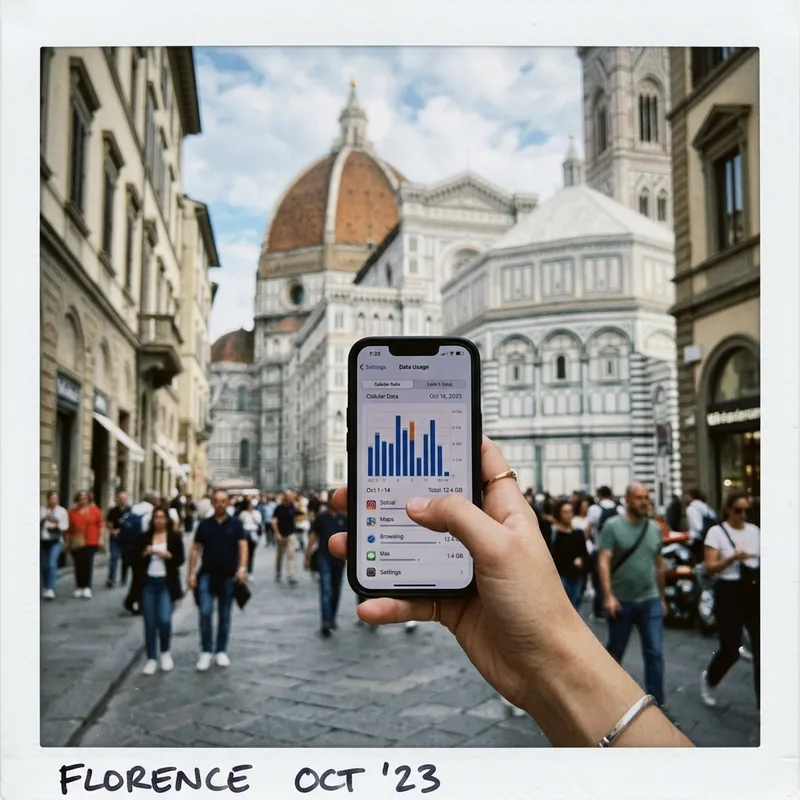 Phone screen showing a data usage graph held up in front of a Florence street