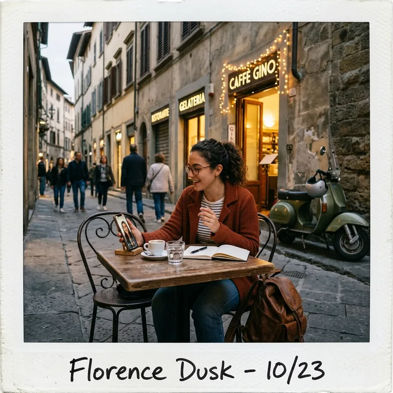 Traveler on a video call at a cafe table on a Florence side street at dusk