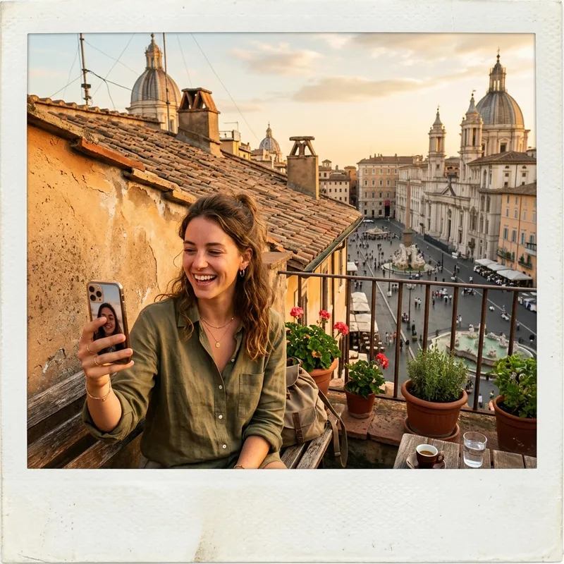 Traveler on a video call from a terracotta rooftop terrace above a Roman piazza