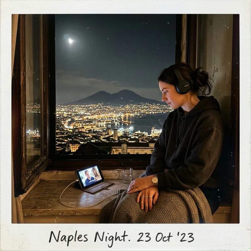 Traveler streaming video on a phone from a train window seat crossing Tuscany