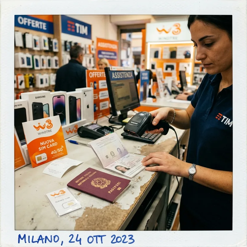 Passport and a new SIM card on the counter of an Italian phone shop
