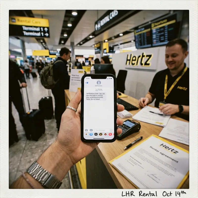 Phone showing an SMS verification screen held up at a car rental desk