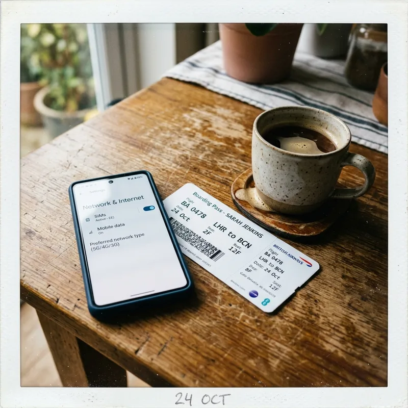 Phone showing an eSIM settings screen on a kitchen table beside a boarding pass