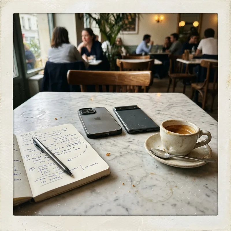 Two phones side by side on a marble cafe table beside a notebook and an espresso