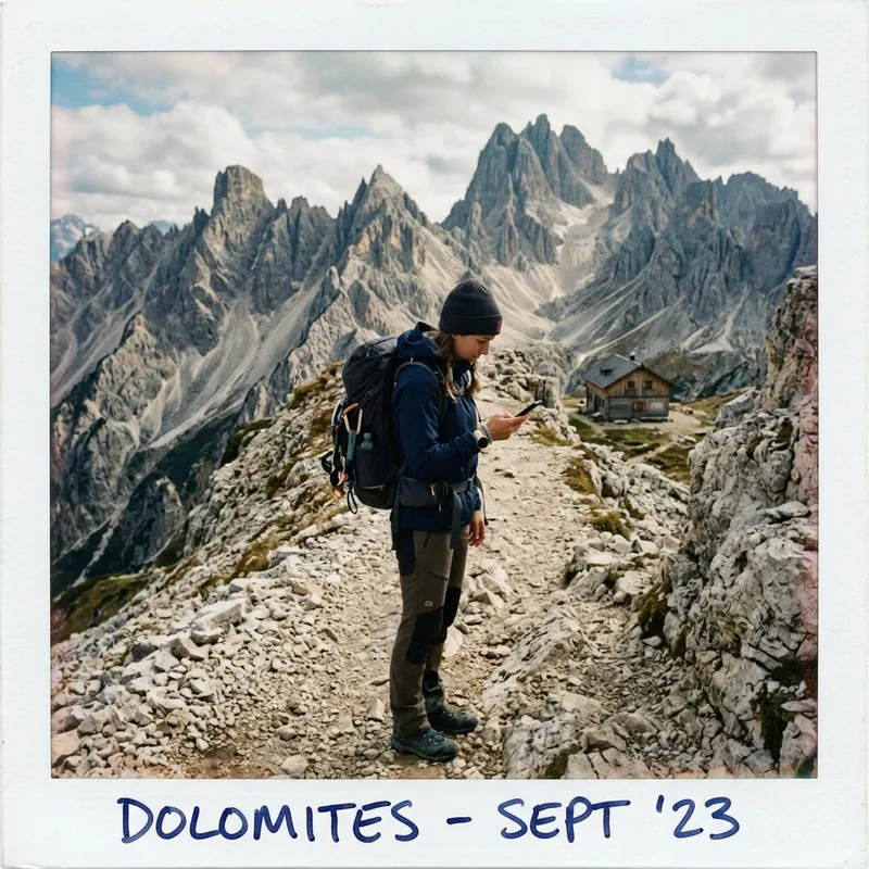 Hiker checking a phone on a Dolomites ridge path with a rifugio in the distance