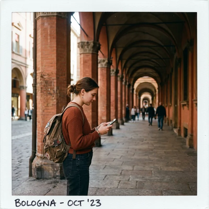 Traveler checking a phone map under an arcade on a narrow Bologna street